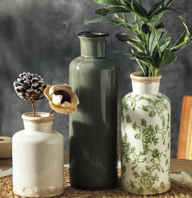 Vintage Ceramic Vase Set (3 Pieces) – Chinese Rustic-Style Decor